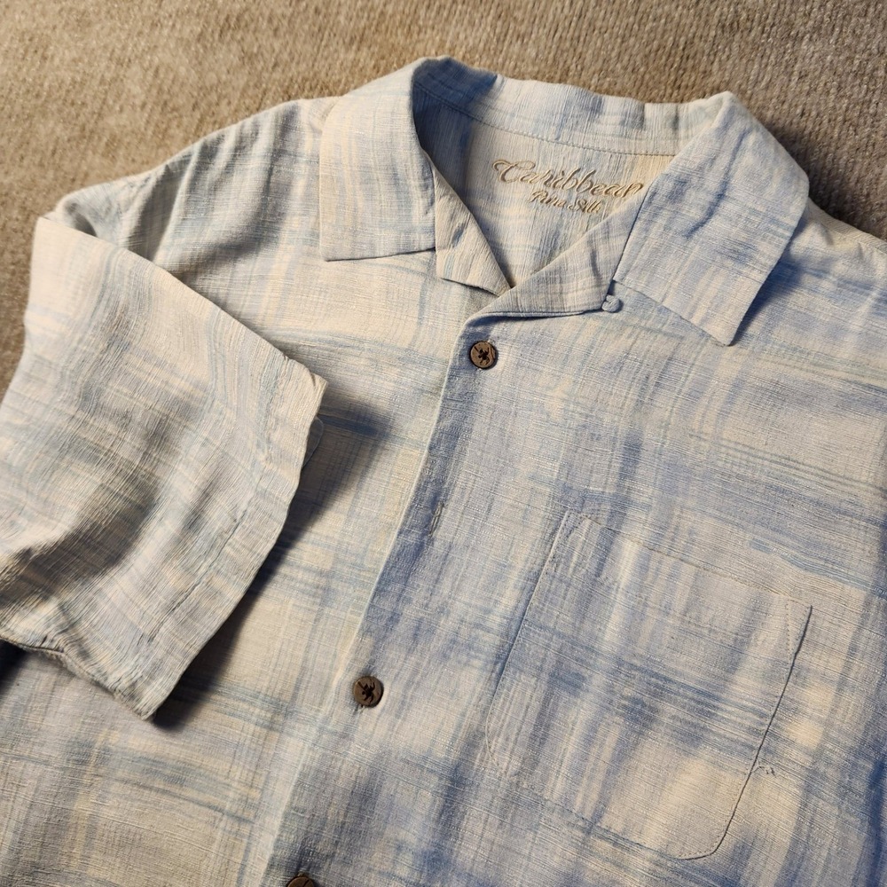 Caribbean Button Down Shirt Mens L Blue White Pure Silk Camp Collar Short Sleeve
